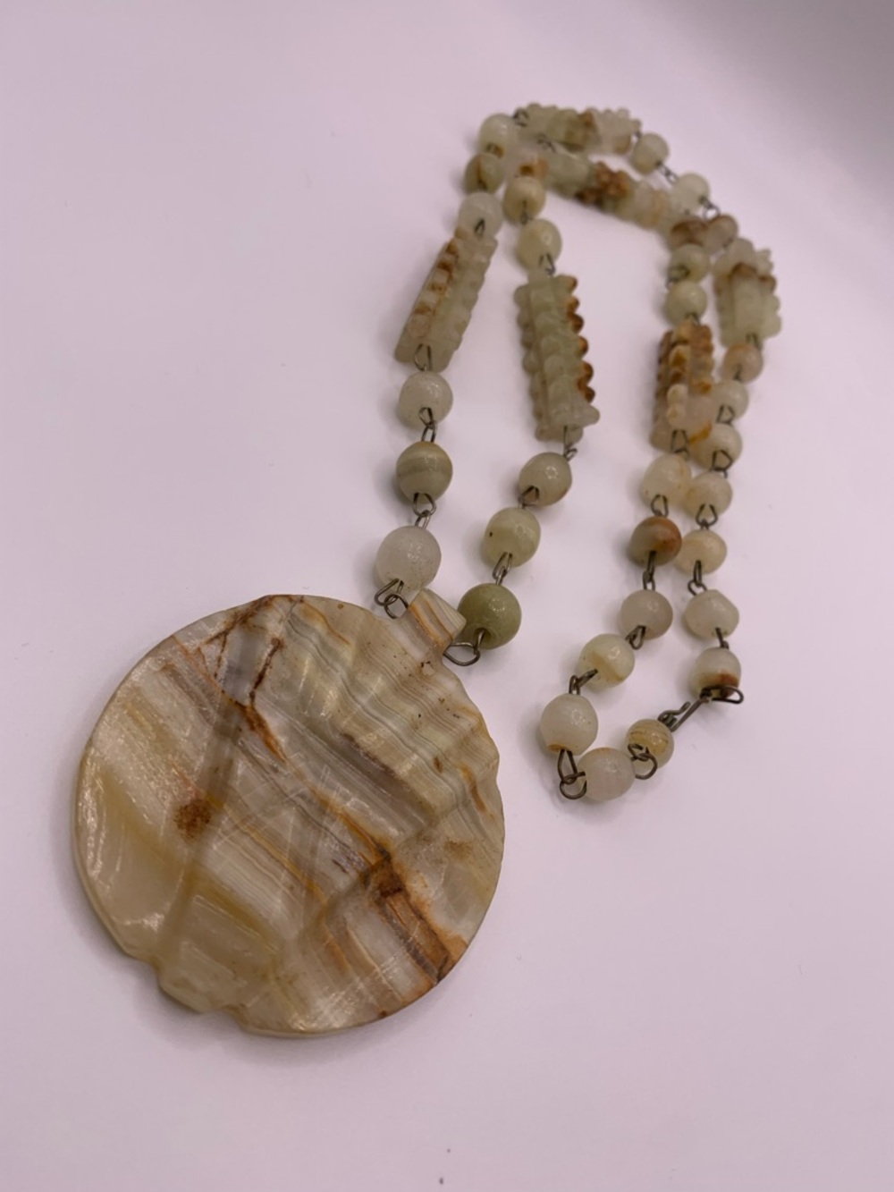 Natural Beige Carved Agate Disc Pendant Necklace